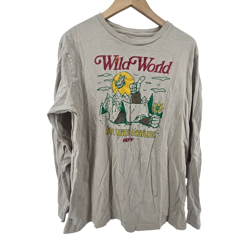 Neff Graphic T-Shirt Mens XL Tan Wild World One With Nature Long Sleeve Cotton